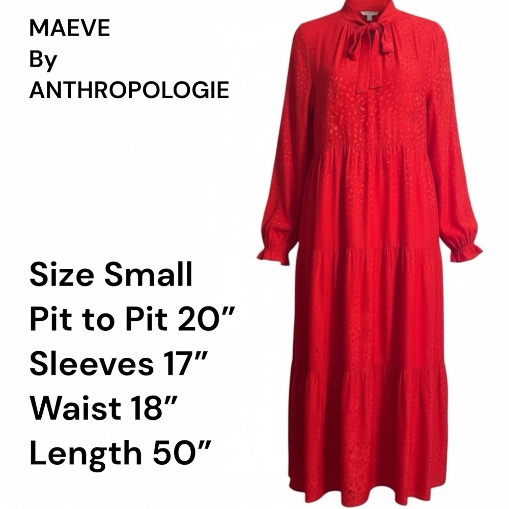 Maeve by Anthropologie Red Jacquard Tiered Maxi Dress Size S Long Sleeve Pockets - Picture 5 of 10